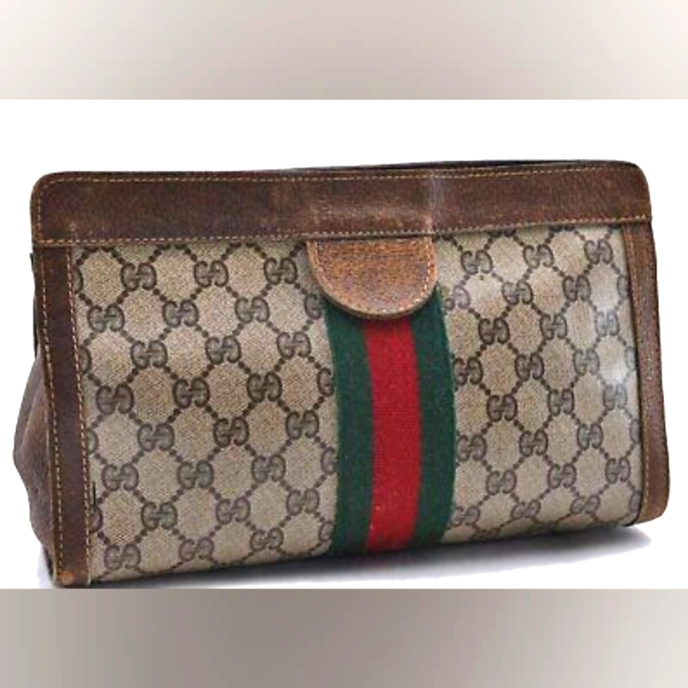 Authentic GUCCI Web Sherry Line Clutch Hand Bag Purse GG PVC Leather Brown